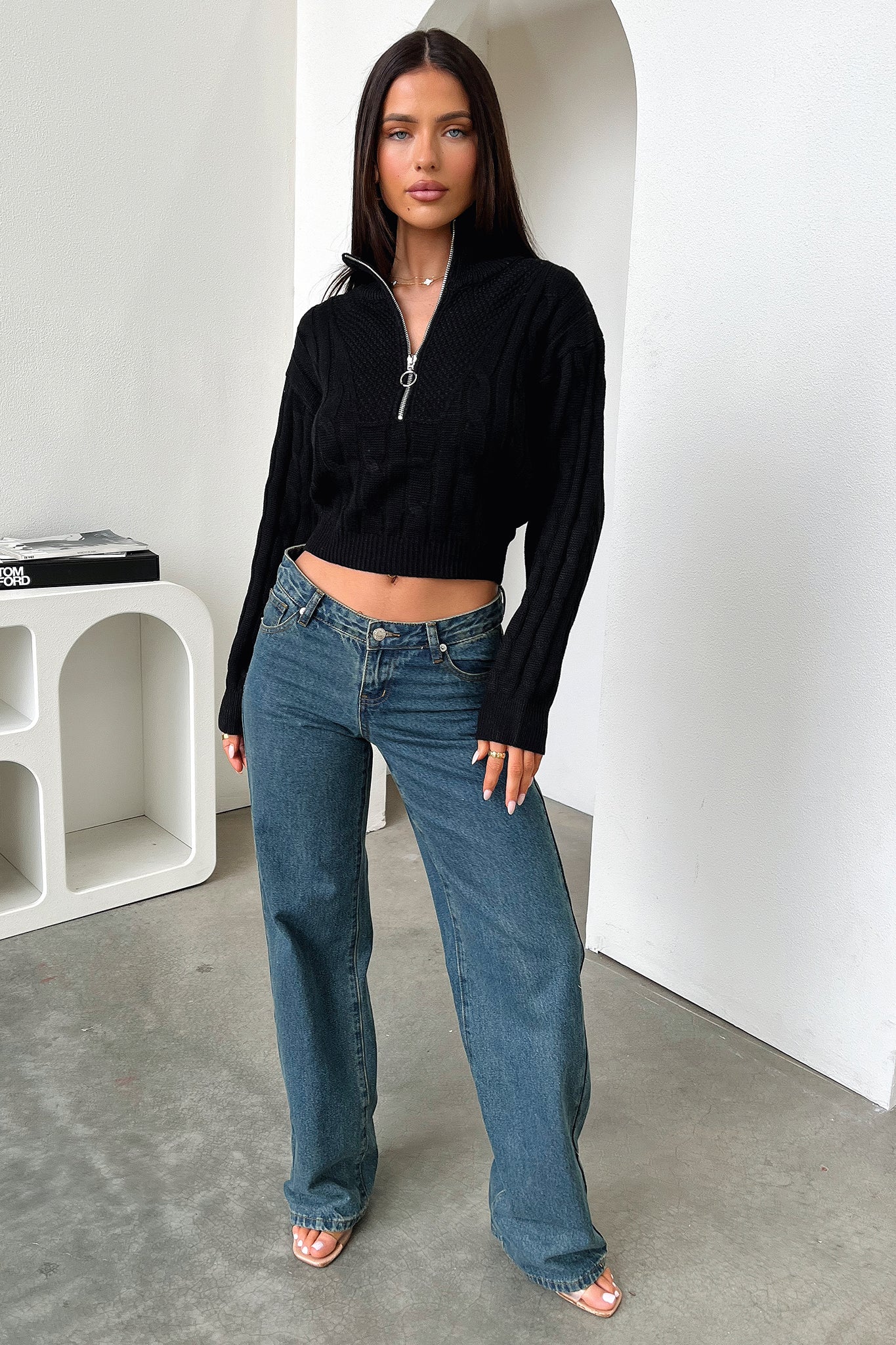 Aleena 3/4 Zip Cropped Knit - Black - Image 2