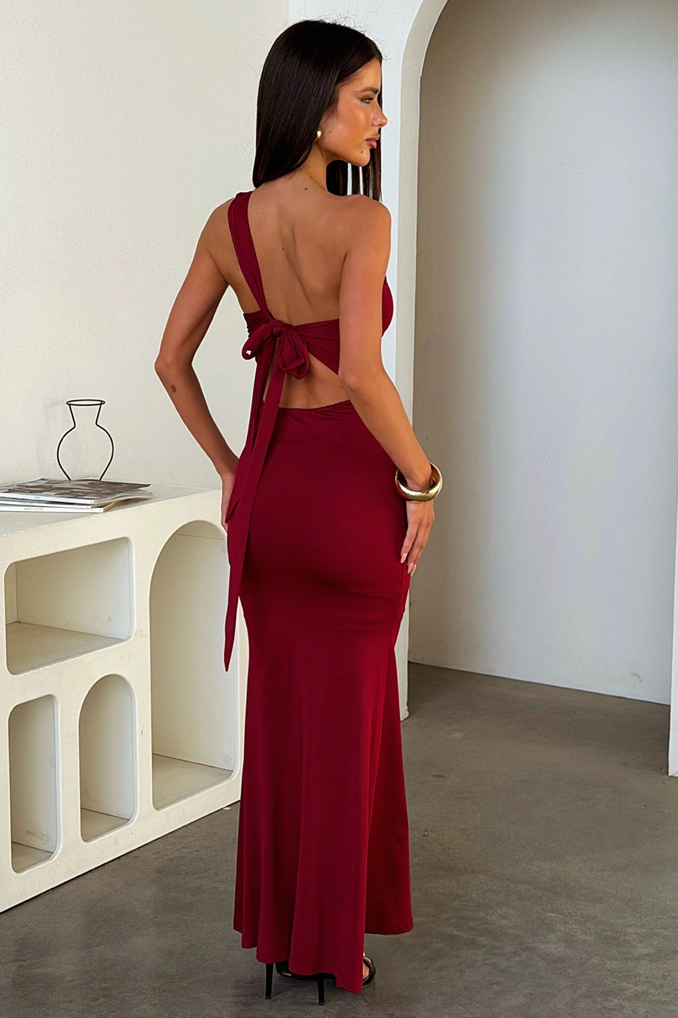 Ariana One-Shoulder Maxi Dress - Burgundy - Image 114