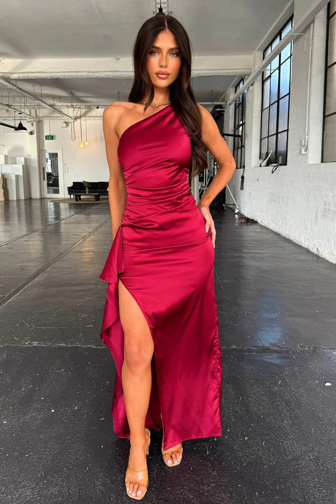 Elianna One Shoulder Satin Maxi Dress - Burgundy - Image 5
