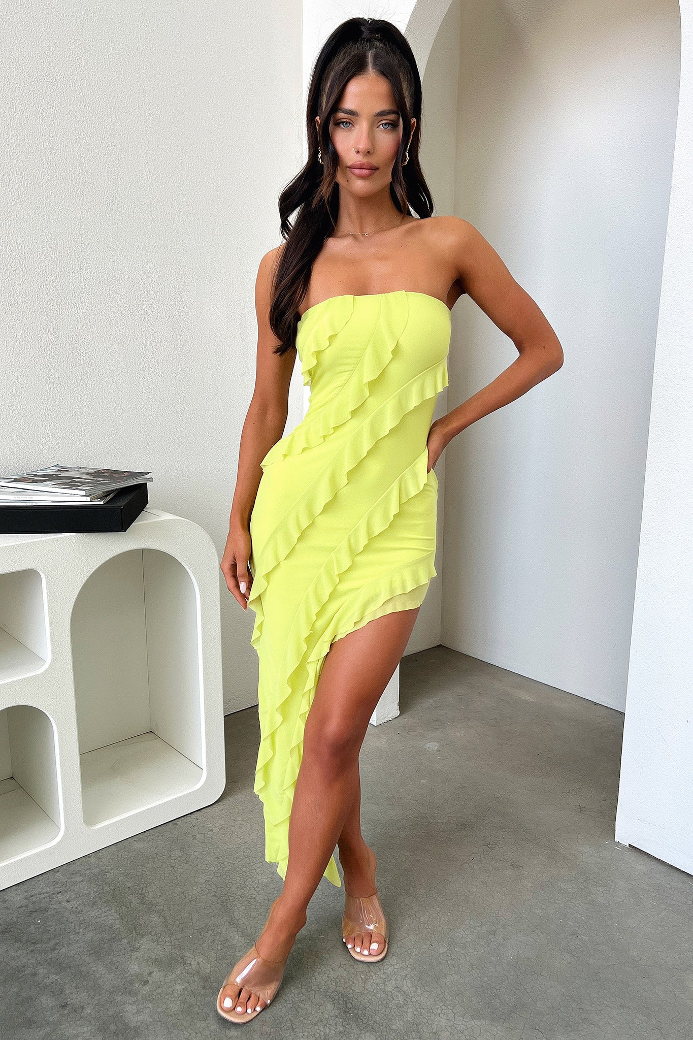 Jadore Strapless Ruffle Midi Dress - Lime - Image 3