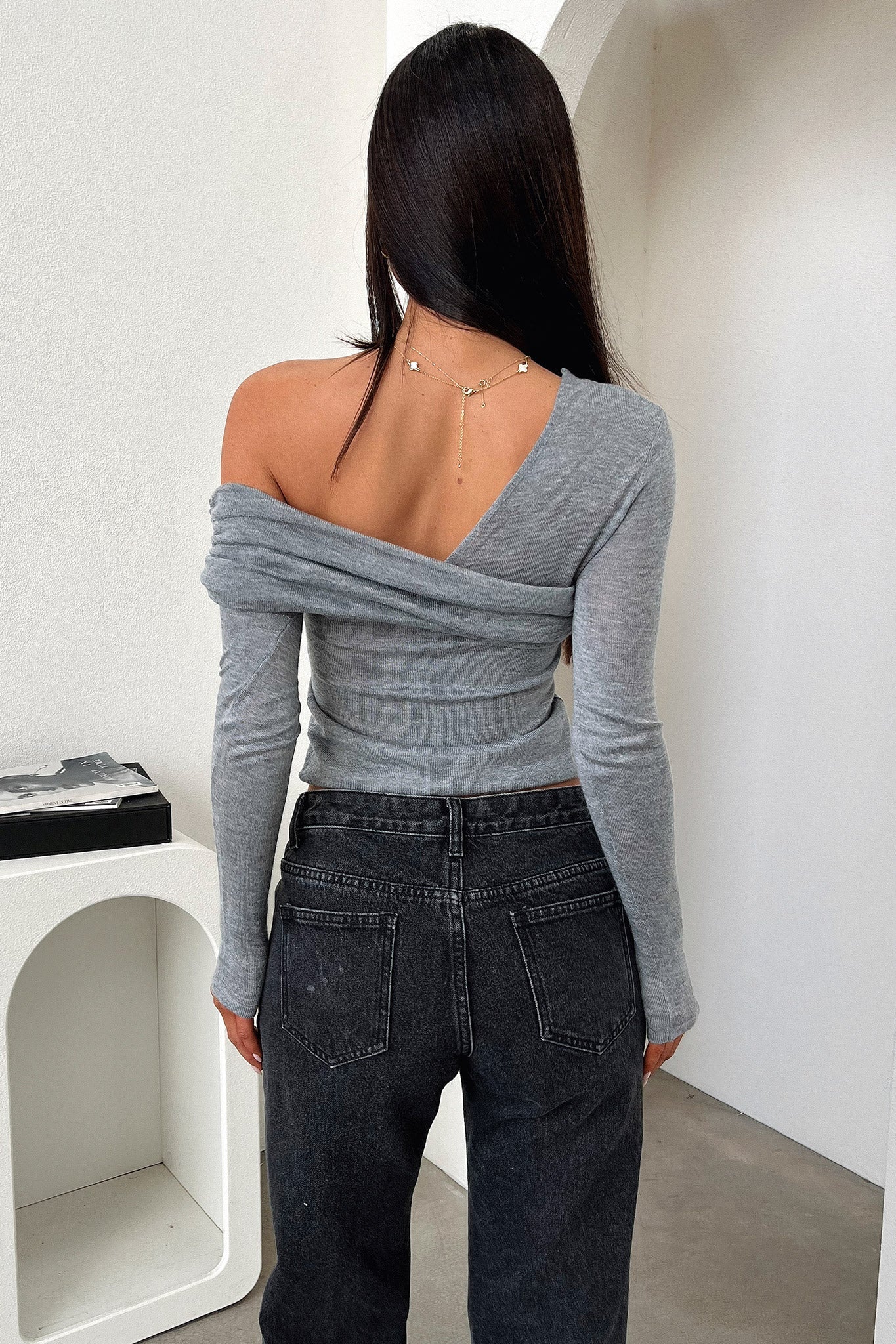 Rochelle Off Shoulder Long Sleeve Top - Grey - Image 5