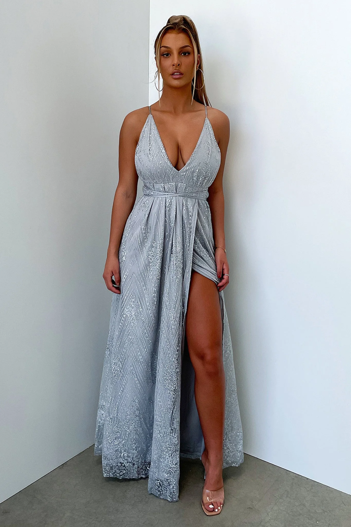Scarlett Halter Maxi Dress - Silver Glitter - Image 3