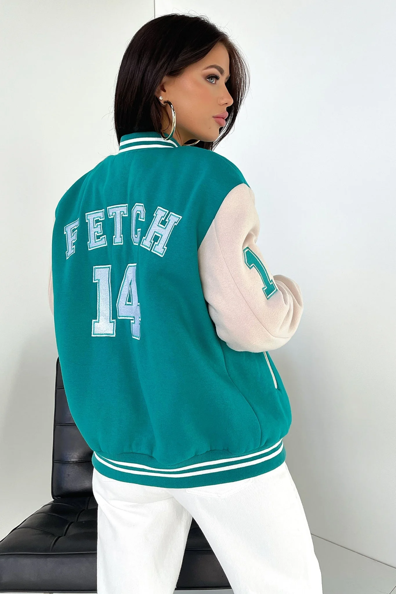 Varsity Oversized Jacket - Teal / Beige - Image 14