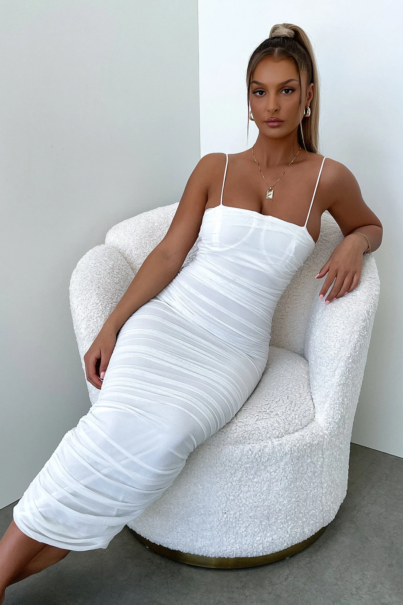 Zena Mesh Full Length Dress - White - Image 3